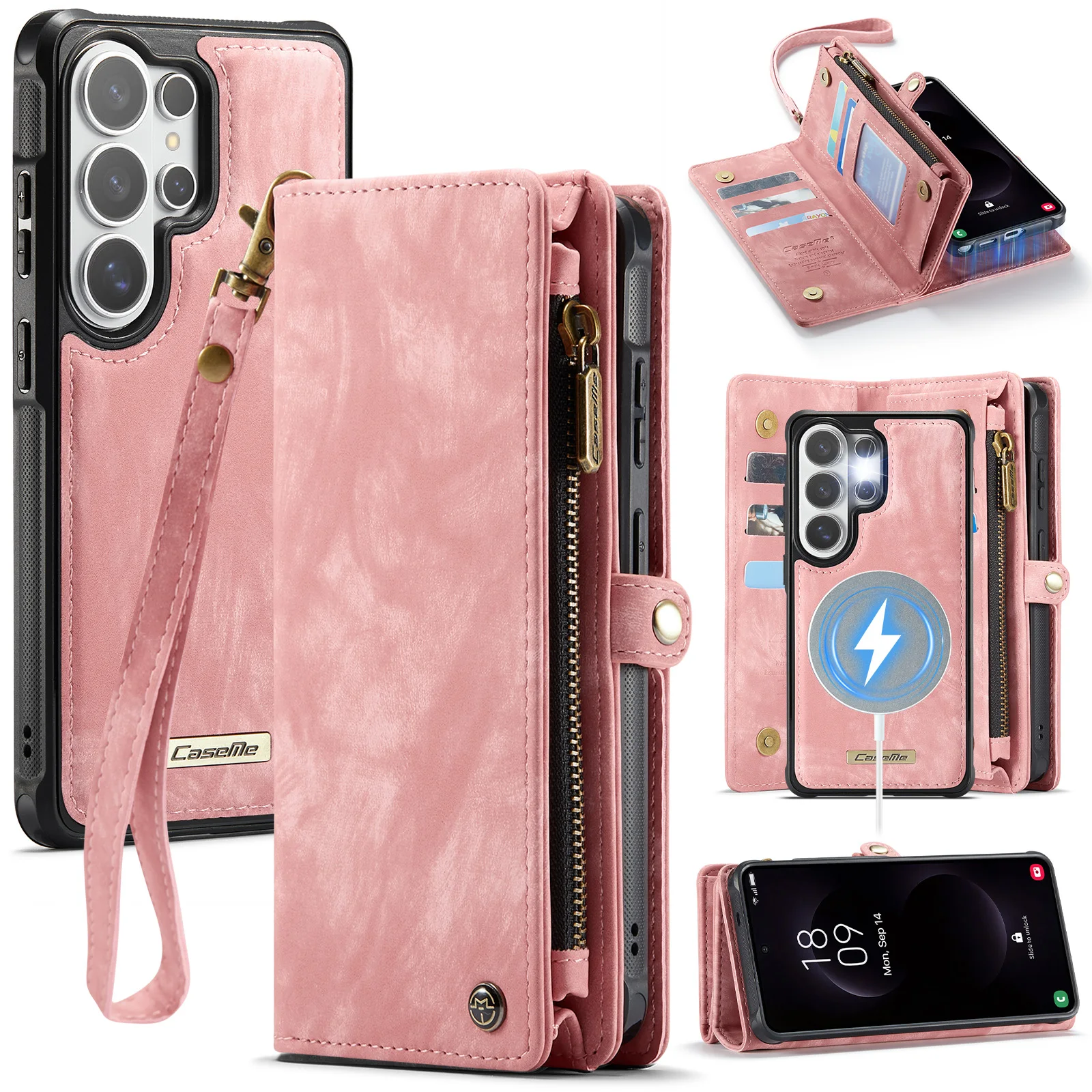 Zipper Leather Wallet Phone Case with Detachable Card Holder Cover