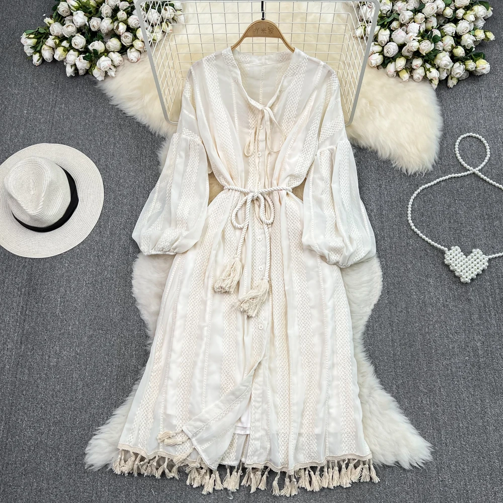 

French Lazy Style Single Breasted Tassel Cardigan Dress 2023 Summer New Luxury Designer Seaside Vacation Long Dress