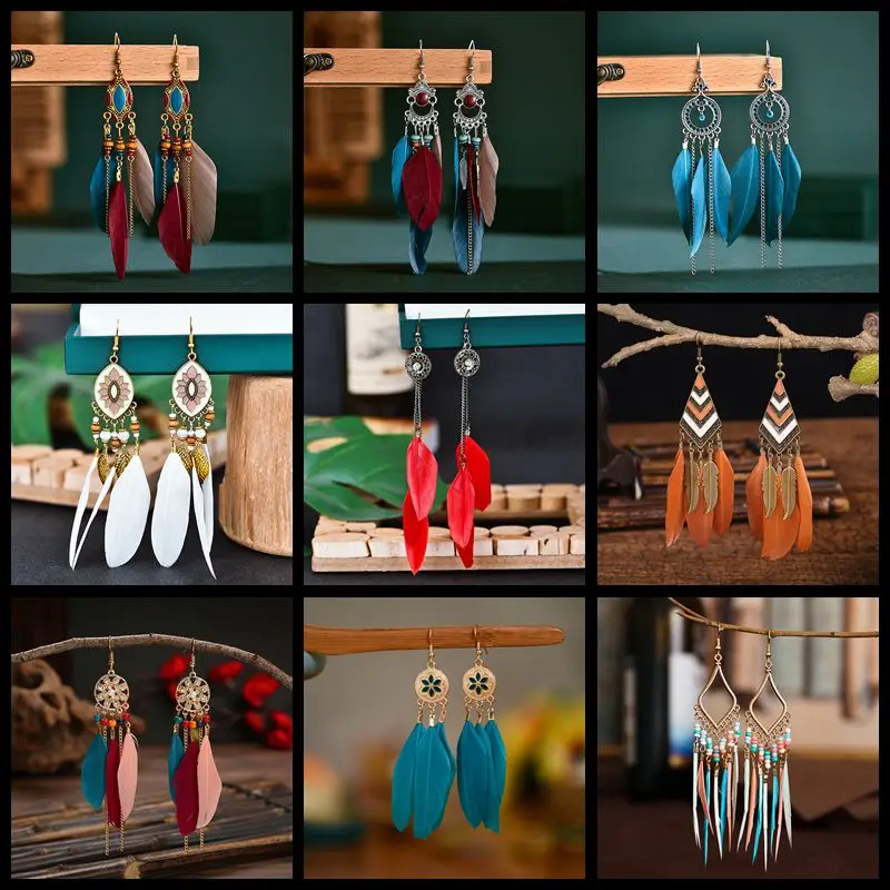 

12 парт/лот Смешанные стильные богемные женские серьги с перьями Inidan ювелирные изделия ретро этнические кисточки искусственные оптовая продажа