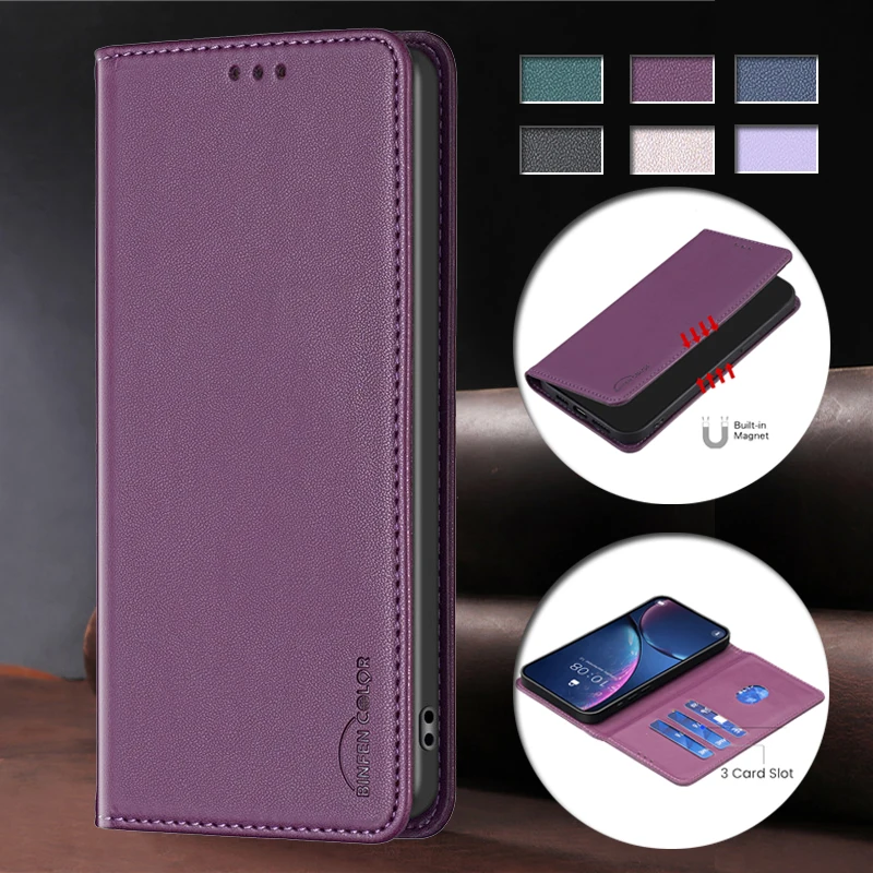Luxury Leather Flip Phone Case with Magnetic Cover and Solid Color Wallet Design