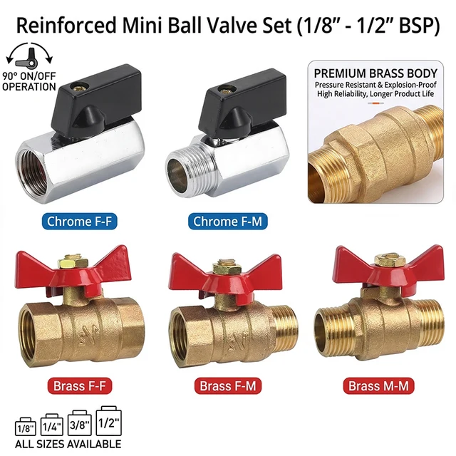 5/20/100pcs Brass Ball Valve Air Compressor Water Gas Oil Shut Off Valve 1/8" 1/4" 3/8" 1/2" BSP Threaded Mini Male To Female 1