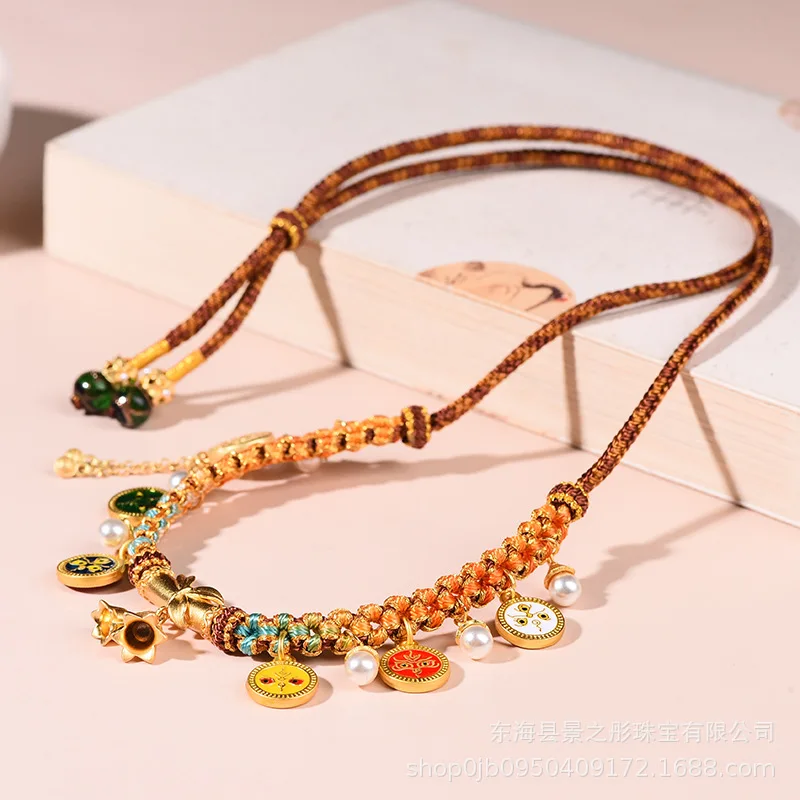 티베트 쇄골 체인 Thangka 손으로 짠 다채로운 로프, 다섯 신의 부 팔찌, 남녀공용, 내추럴 해 민족 스타일 Pe