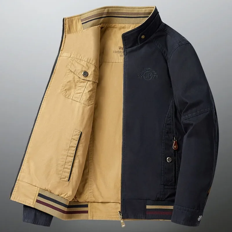 Middle-Aged Men Large Size 8xl Casual Outwear Fashion Stand Neck Coat New Spring Autumn Male Pure Cotton Reversible Jacket 3