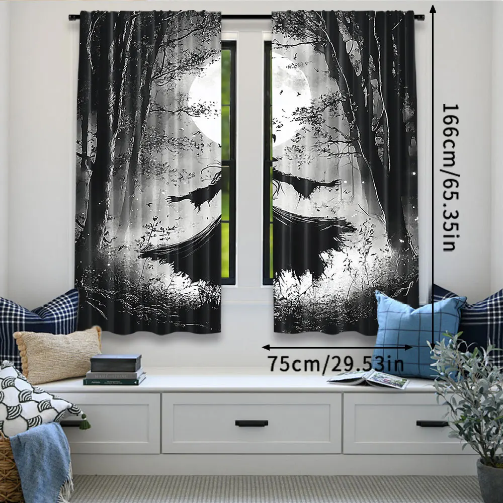 2Pcs Halloween Forest Curtain Horrible Foggy Full Moon Witch Silhouette Gothic Halloween Night Scene Bedroom Bathroom Decor 3