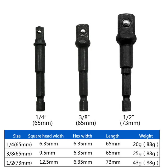 AI-ROAD 3pcs Chrome Vanadium Steel Socket Adapter Extension Drill Bit Hex Shank To 1/4