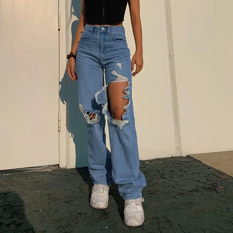 Fall Women High Waist Ripped Hole Jeans Pants Female Casual Baggy Denim Pants All-Match Streetwear Straight Jeans Fashion 2023