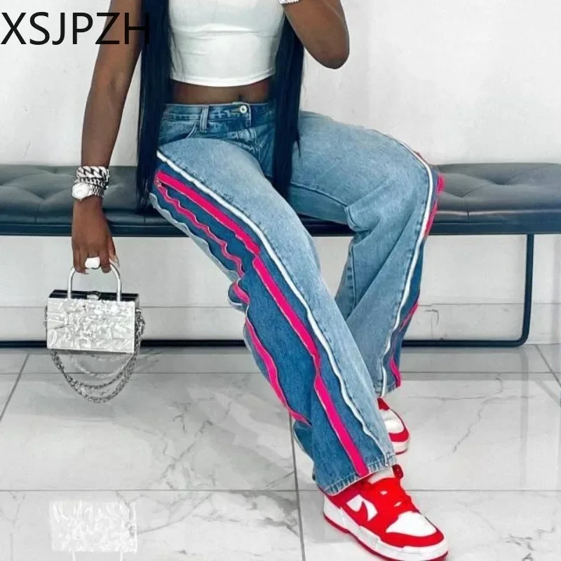 Xsjpzh 2023 Women Pants Lady Street Wear Jeans Sexy Irregular Zipper Stitching Denim Trousers Fashion Unique Female Jeans Tide