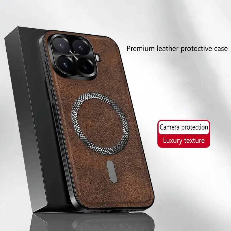 Magnetic Luxury Leather Texture Shockproof Back Cover with Wireless Charging Capability
