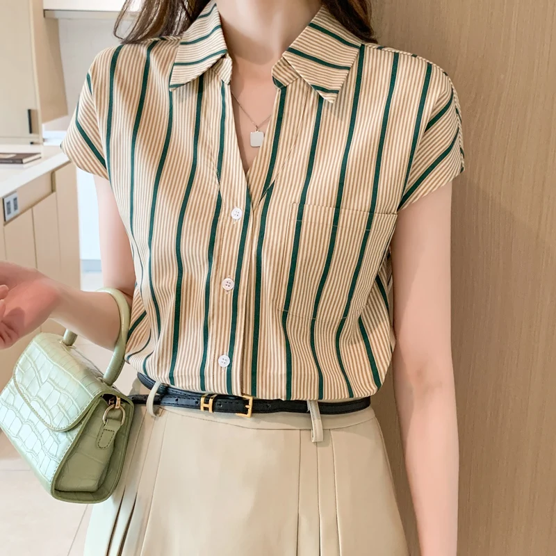 

2023 New Chiffon Summer Women's Blouse Casual Fashion Simplicity Tops Stripe Short Sleeved Turn-down Collar Shirt
