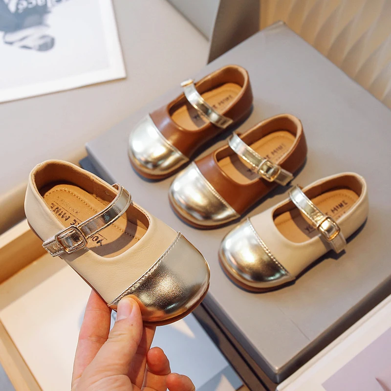 Girls Shoes Kids Leather Shoes Patchwork Mary Jane Gold Toe Princess Shallow Children's Flats Baby Toddlers