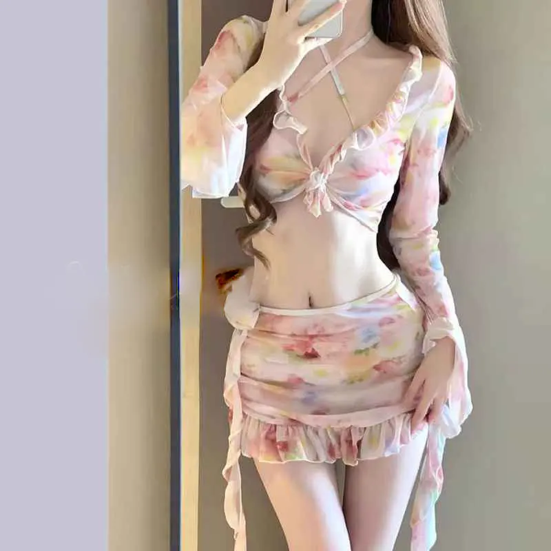 2024 Elegant Fashion Harajuku Slim Fit Sexy Swimwear Loose Casual All Match Women's Clothing Long Sleeve Flounce Bikini Swimsuit