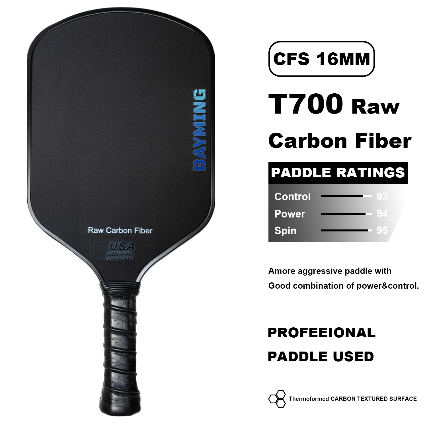T700 Pickleball Paddle Raw Carbon Fiber Thermoformed High Grit & Spin Textured Surface 16mm Honeycomb Pickleball Paddles