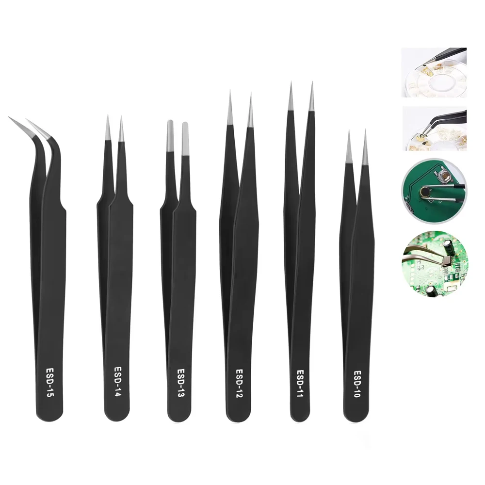 Precision Tweezers Set 6 Pcs Anti-Static ESD Tweezer Stainless Steel Repair Tools for Electronics Soldering Model Jewelry Makin