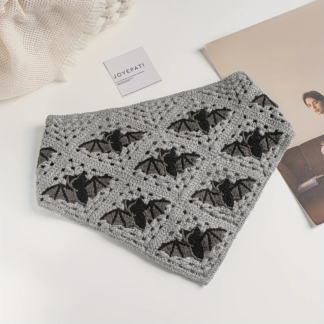 Boho Chic Crochet Bat Pattern Triangle Headband-Cotton Knit Turban For Halloween & All Saints' Day