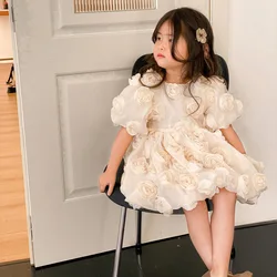 Summer Girl Princess 3D Flower Puffy Sleeve Dress Kids Beige Bow Dresses Infant Toddler Birthday Party Baby Clothes 1-10Y