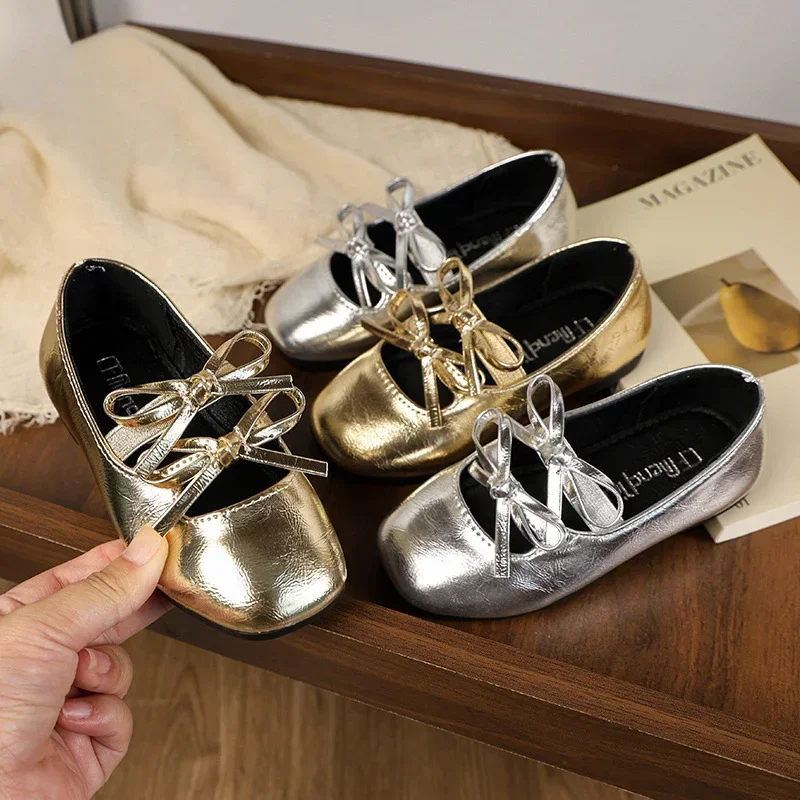 Girls Princess Ballet Shoes Gold Silver Versatile Children's Leather Shoes Fashion Sweet Kids Causal Performance Flat New