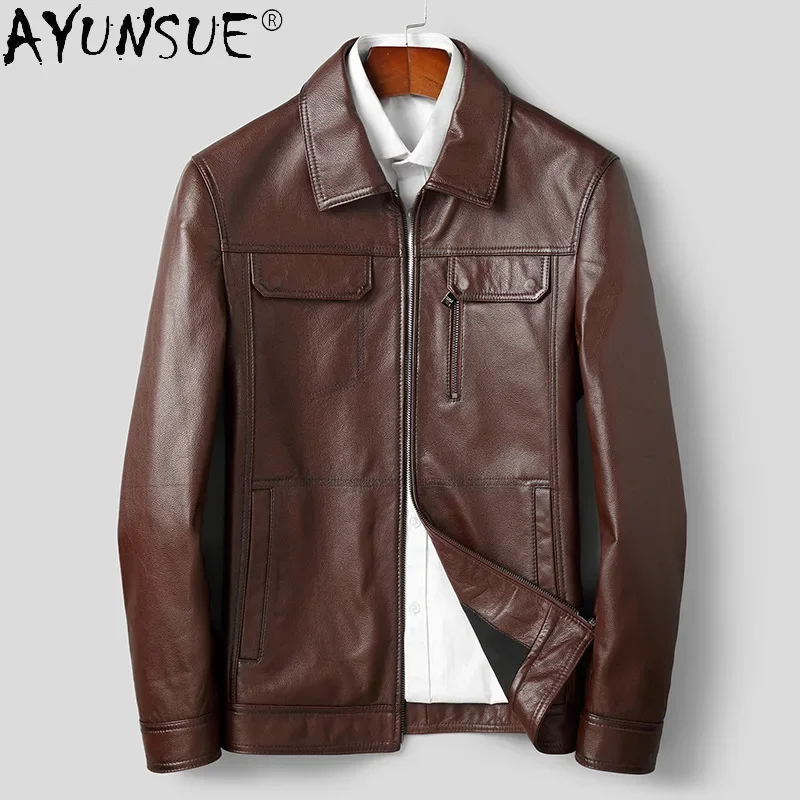 

AYUNSUE 2021 Casual Men's Genuine Cowhide Leather Jackets New Black Leather Coats Mens Outerwear Korean Style Veste Homme SQQ290