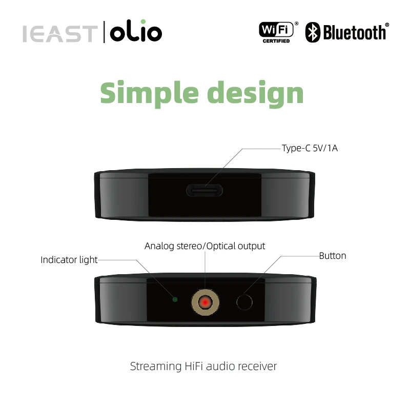 IEAST Olio WiFi 2.4G/5G& Bluetooth Receiver 5.0 Wireless Auido Multiroom Airplay 2 Music Streamer Within Tidal Connect