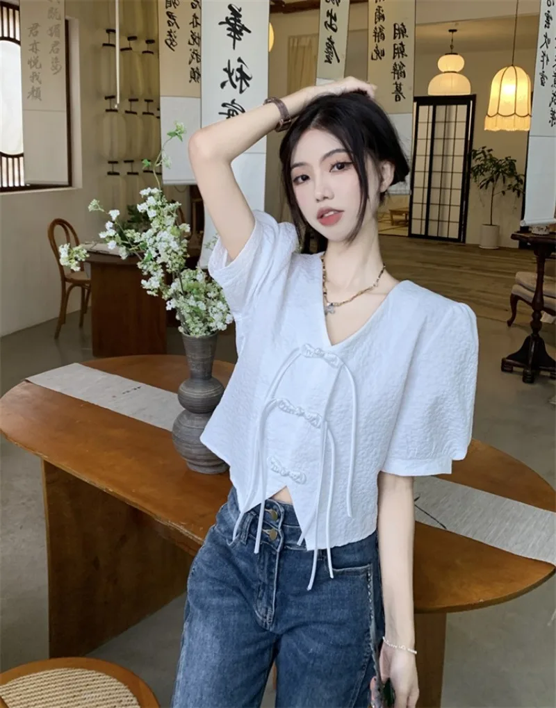 Miiiix nový Čínské styl knoflík nahoře krátce rukáv plný bedra košile dámská léto jemně chubby francouzský zeštíhlující tričko káča