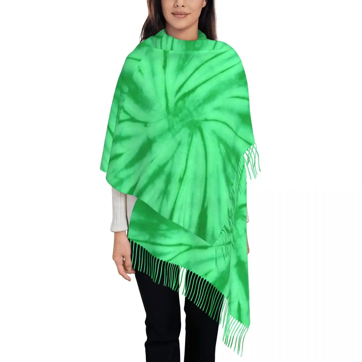 

Green Tie Dye Scarf Ladies Spiral Swirl Scarves Wraps with Long Tassel Winter y2k Cool Shawls Wrpas Keep Warm Custom DIY Foulard