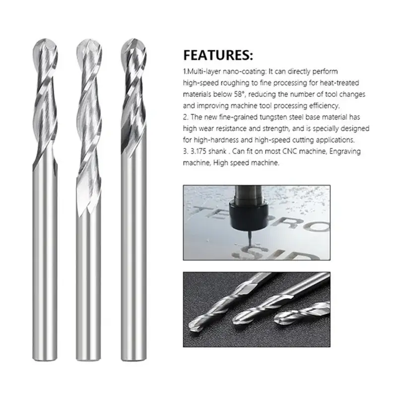 10pcs 2 Flute Ball Nose End Mill 3.175mm (1/8)Shank CNC Router Bit Carbide End Mill Spiral Milling Cutter for Woodworking image 3