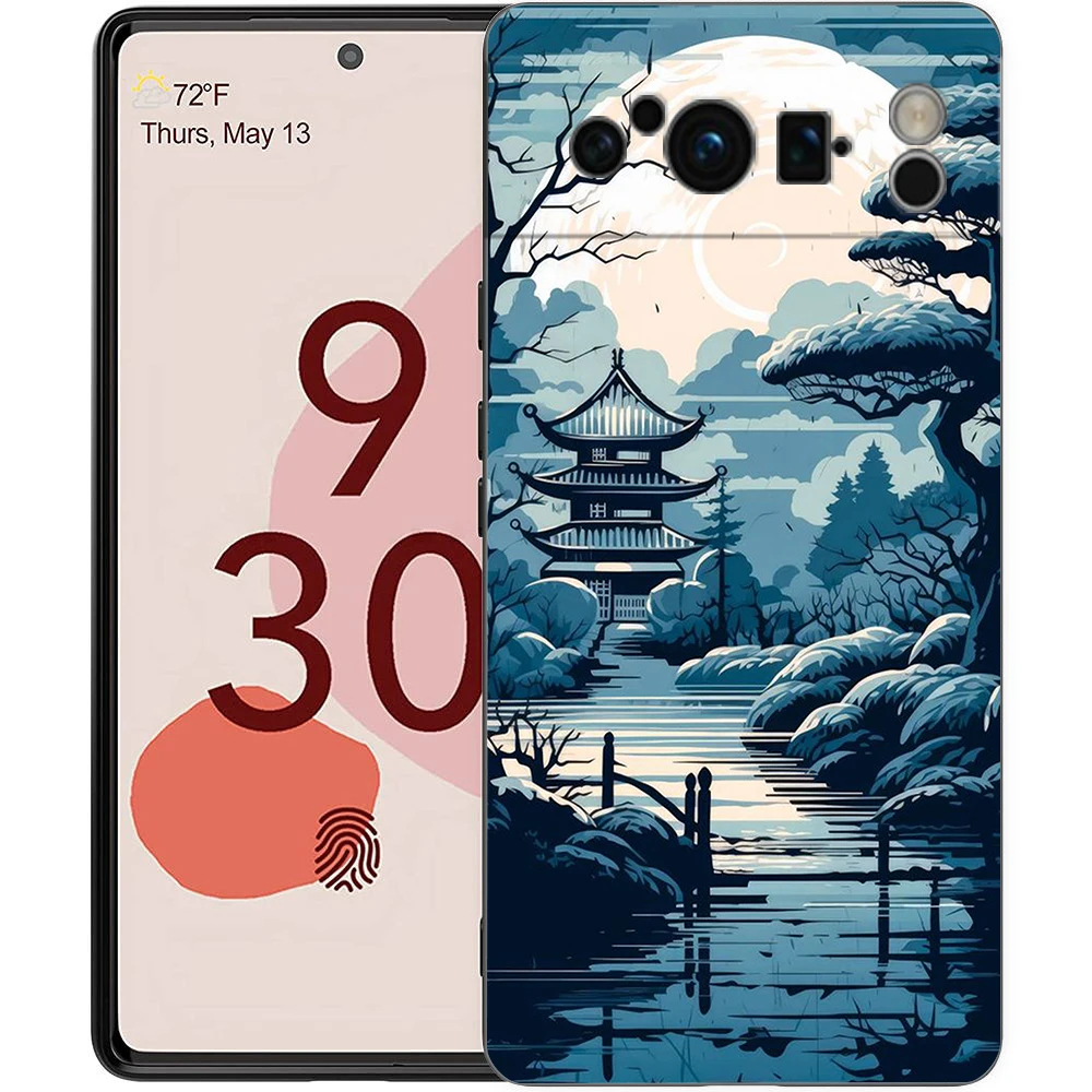 Japanese Landscape Design Shockproof Black Silicone Phone Case