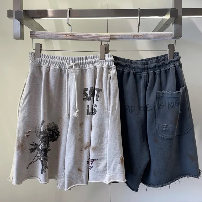 Hip Hop Washed Do Old Damaged Graffiti Saint Louis Shorts Men Woman 1:1 Vintage Cotton Casual Drawstring Joggers Breeches