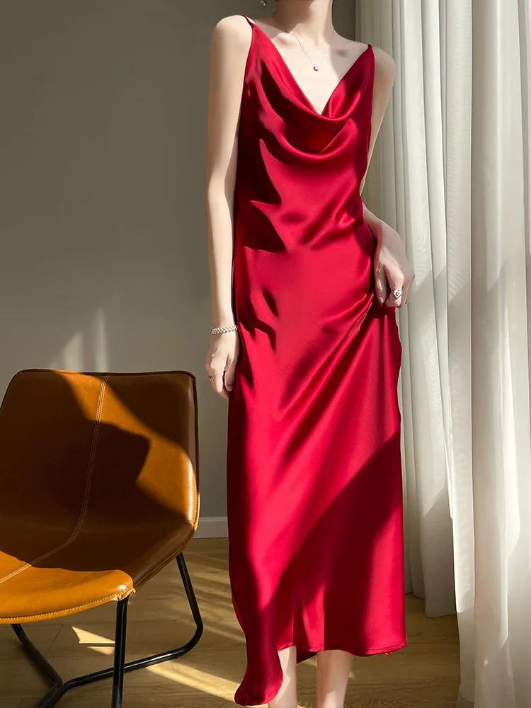 

High end satin swing neck sexy camisole dress, female niche design, French temperament slim fit, slim and long skirt