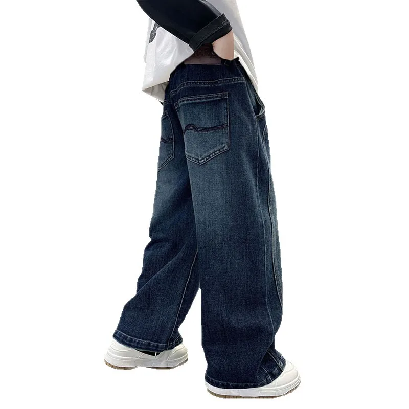 키즈 가을 데님 팬츠 남아 고급 두꺼운 원단 배기 카고 청바지 포켓 트위닝스 아동 스트릿 힙합 블루 진 바지