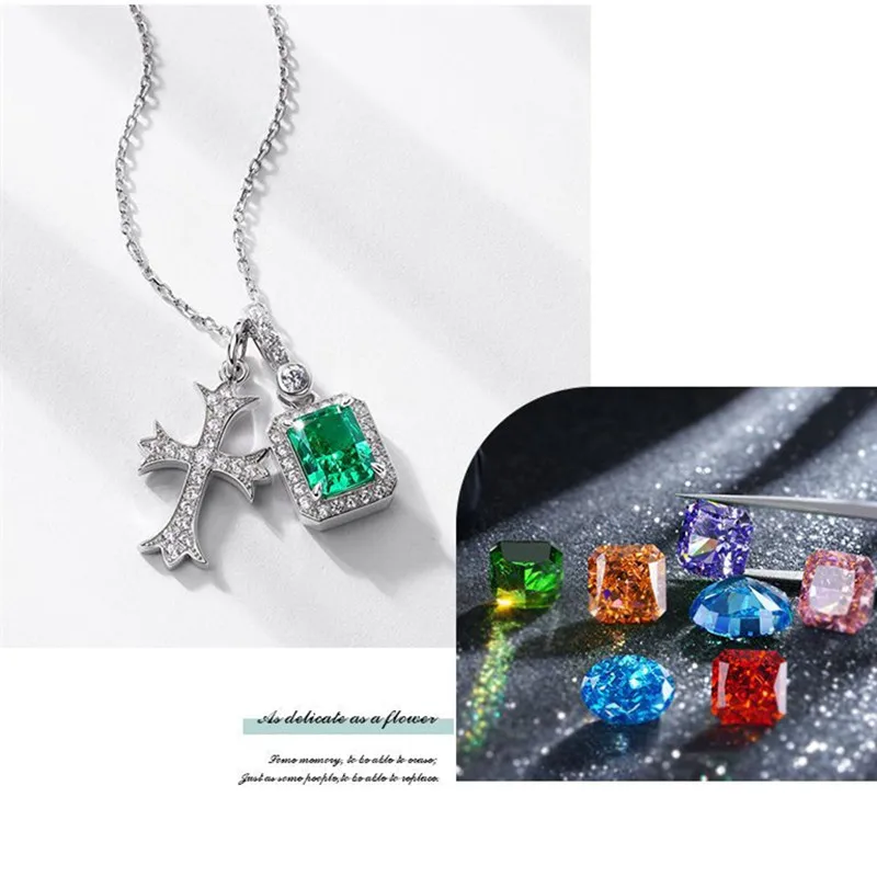 Necklace for Women's Platinum Plated Claw Set with Emerald Crystal Zircon Rectangular Cross Pendant Popular Fashion Jewelry