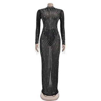CM.YAYA 2024 Women Long Sleeve Mesh See Through Diamonds Hot Rhinestones Bodycon Dress Woman Maxi Long Evening Birthday Dresses 5