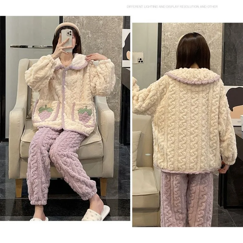 New Coral Velvet Women's Pajamas Autumn Winter Loungewear Oversized Flannel Nightwear Thickened Sleepwear Set Homewear