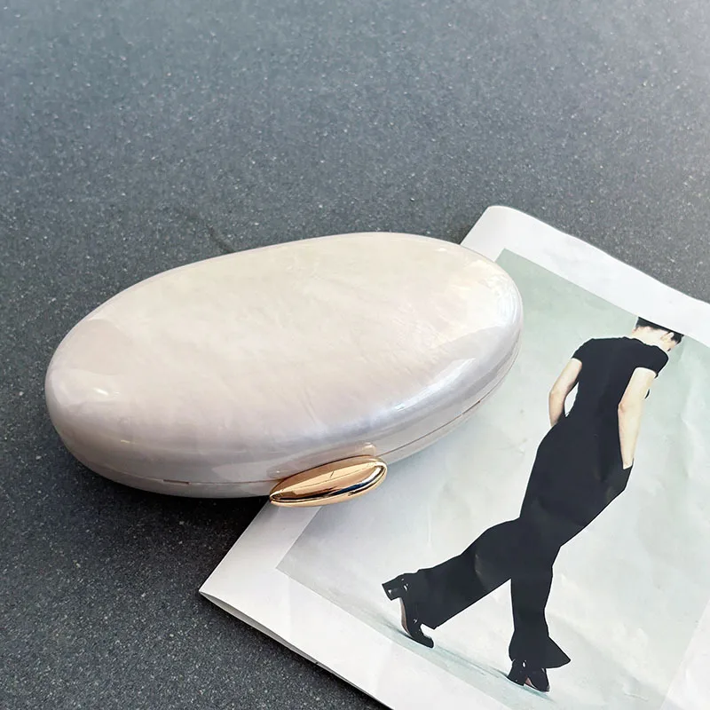 Women's Fashion Evening Clutches Luxury Plain Acrylic Long Chain Cross body Handbag Oval Shaped Fits Phone Wedding Banquet Party