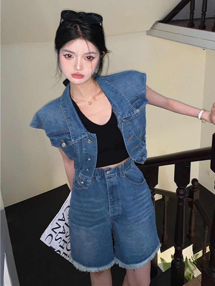 Two Piece Summer Denim Sets Women Fashion Vintage Sleeveless Waistcoat Jacket Female 2023 Ripped High Waist Elastic Waist Jeans