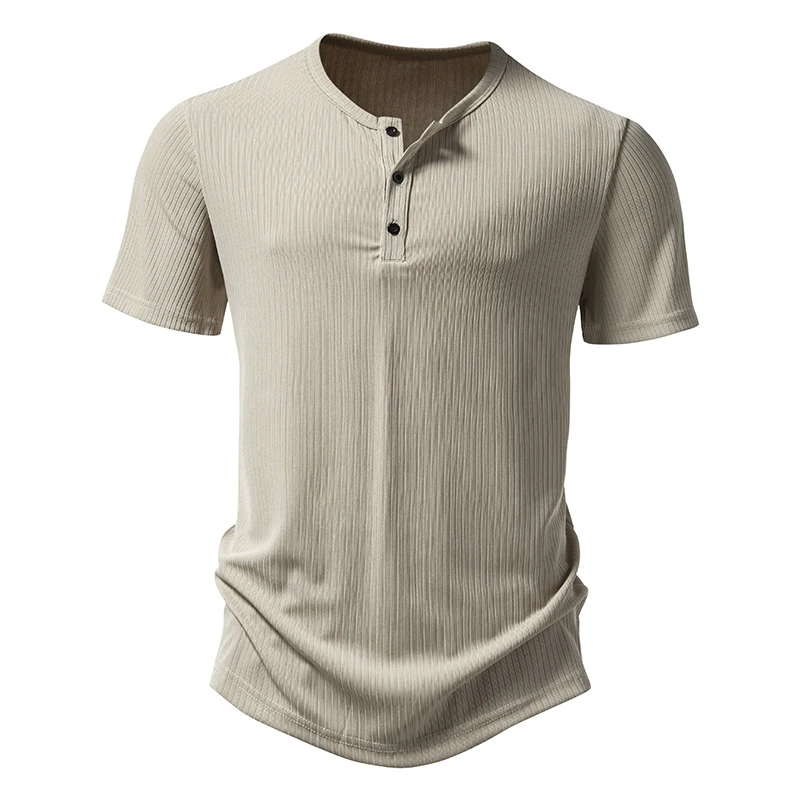 Three Button Fashionable Men's Henry Pit Stripe Short Sleeved T-shirt