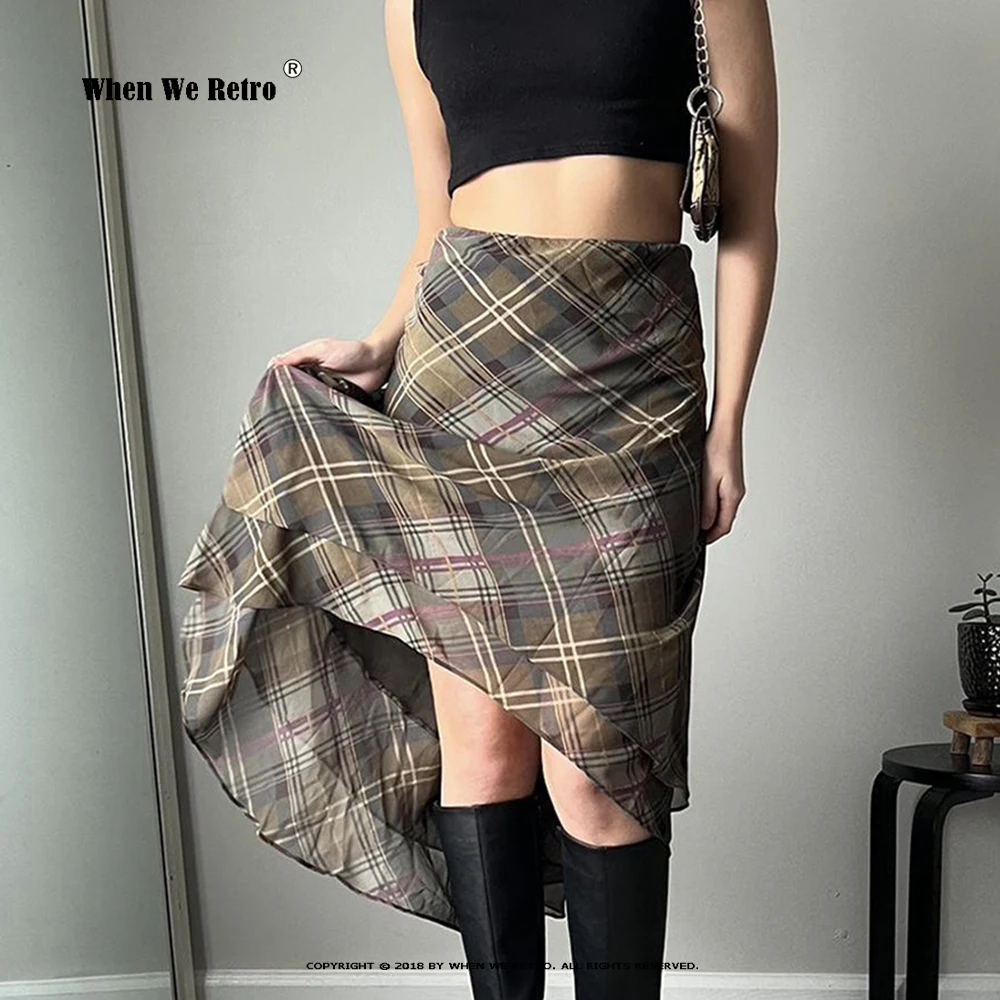 

Korean Stripe Plaid Print Chiffon Skirts Y2K Long Skirt For Women 2023 Two Layers Low Waist Preppy Skirt Summer Streetwear RS688