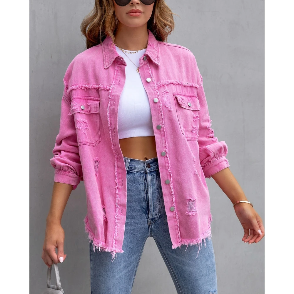 

Women Raw Hem Pocket Design Denim Long Sleeve Coat 2023 Femme Casual Turn-down Collar Coat Streetwear Lady Outfits traf