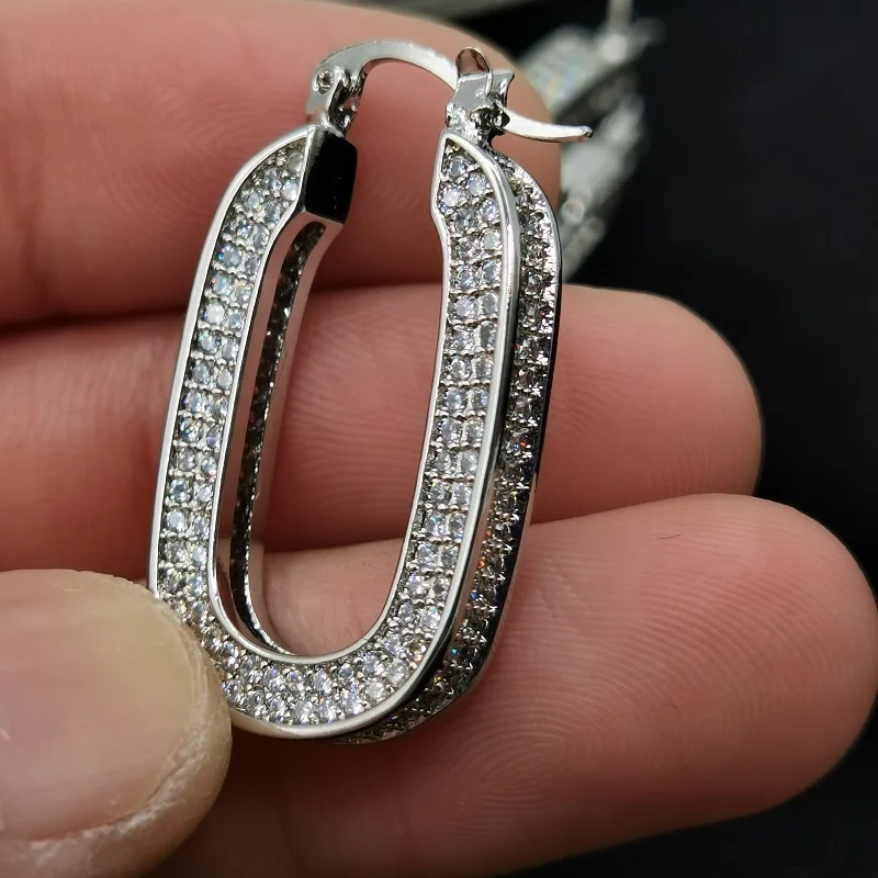 

Full Crystal U Shaped Earrings For Women Jewelry Top Quality Brass Silver Plated Brand Designer Accessories Trend