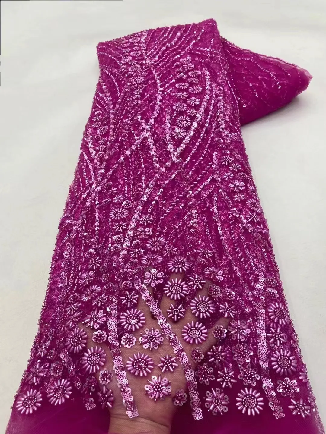 Red Latest Nigerian Lace Fabrics Fashion Women African Tull Lace Luxury Handmade Bead sequins Fabrics For Wedding 5Yards