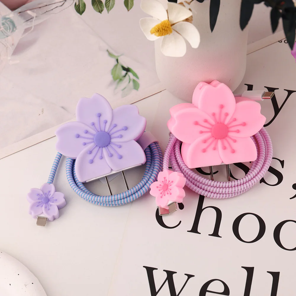 Purple Charger Petal: Cherry Blossom Fast Charging Cable with Protective Case and Winder Organizer