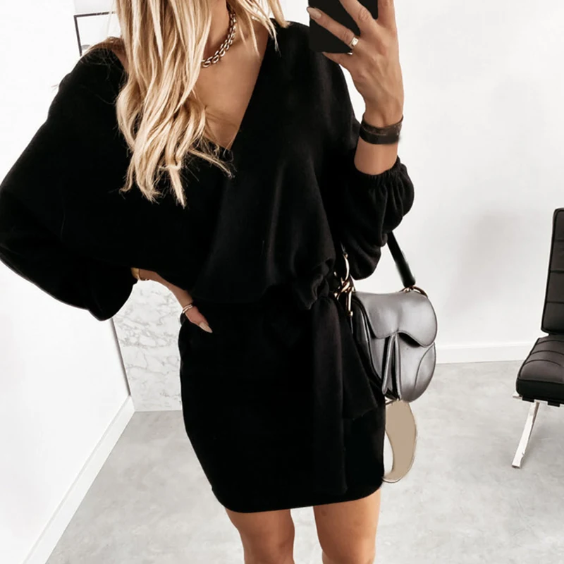

Elegant Casual V Neck Lace-up Party Dress Winter Solid Color Long Sleeve Mini Dress Fashion Commute A-Line Warm Knitted Pullover
