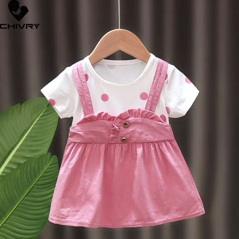 

New Girls Dresses Summer 2022 Kids Baby Girls Short Sleeve A-line Dress Cute Fake Two Pieces Patchwork Princess Dresses