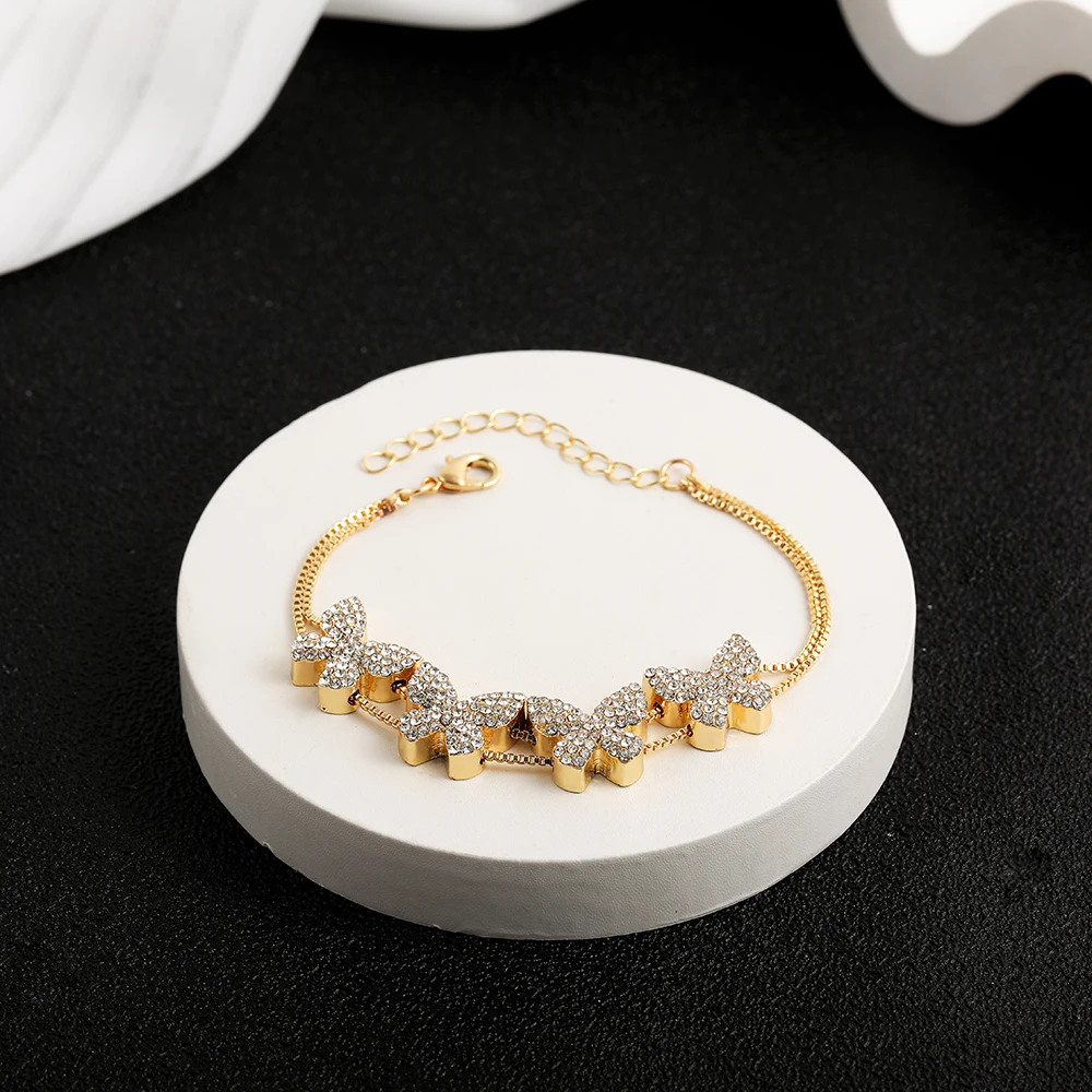 Handmade 18K Gold Plated Love Heart Butterfly Flower Bracelet for Women Double Chains Zircon Evil Eye Bangle Party Gift Jewelry