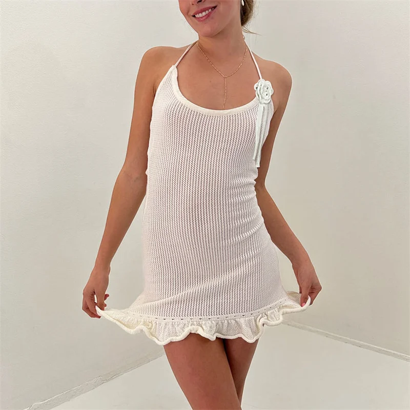 Halter Dress y2k Clothes Women Summer Solid Color Sleeveless Knitted Bodycon Dress with 3D Flower Beach Party Dresses