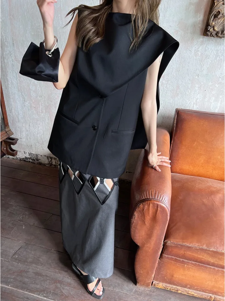 BJTZ Ribbon Scarf Collar Blazer Vest For Women Clothing 2024 Spring New Trend Designer Office Lady Sleeveless Tops HL50