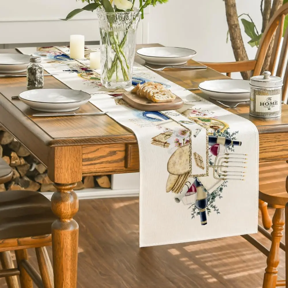Passover Unleavened Bread Wine Linen Table Runner Jewish Holiday Decor Candelabra Kitchen Dining Table Runner Home Table Decor 4