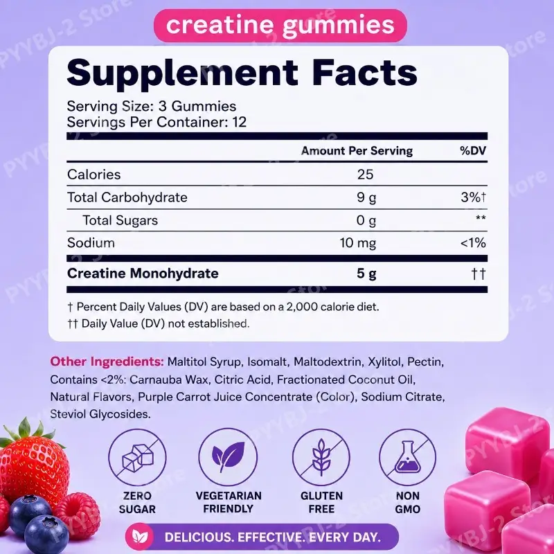 Berry Flavor Sugar Free Creatine Gummies Daily Health Nutrition & Lean Muscle Support，Gluten Free & Non GMO 36 Pieces Per Bag - Image 3
