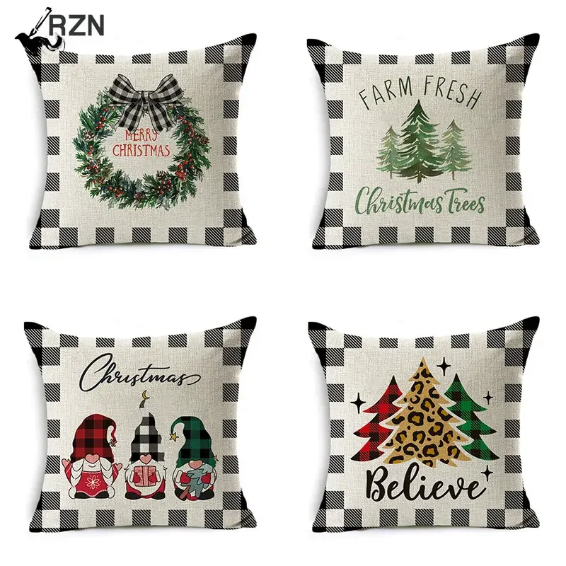 

Christmas Cushion Cover Simple Painting Printed Pillow Covers Xmas home Decorations Grid illustration Linen Pillowcase 45cm*45cm