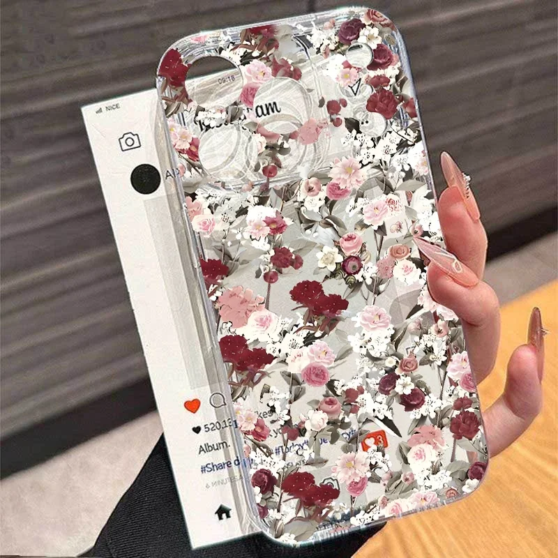 Elegant Clear Floral TPU Phone Case with Leaf Design