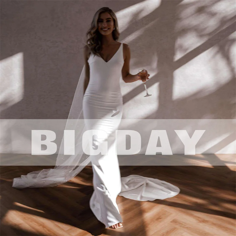 Elegant Mermaid Wedding Dresses Women Open Back V-Neck Spaghetti Straps Crepe Simple Bridal Gowns Vestidos De Noiva Customized 3